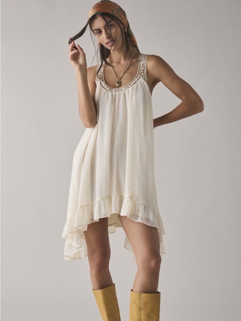 Kimchi Blue Cream High-Low Ruffle Hem Dress